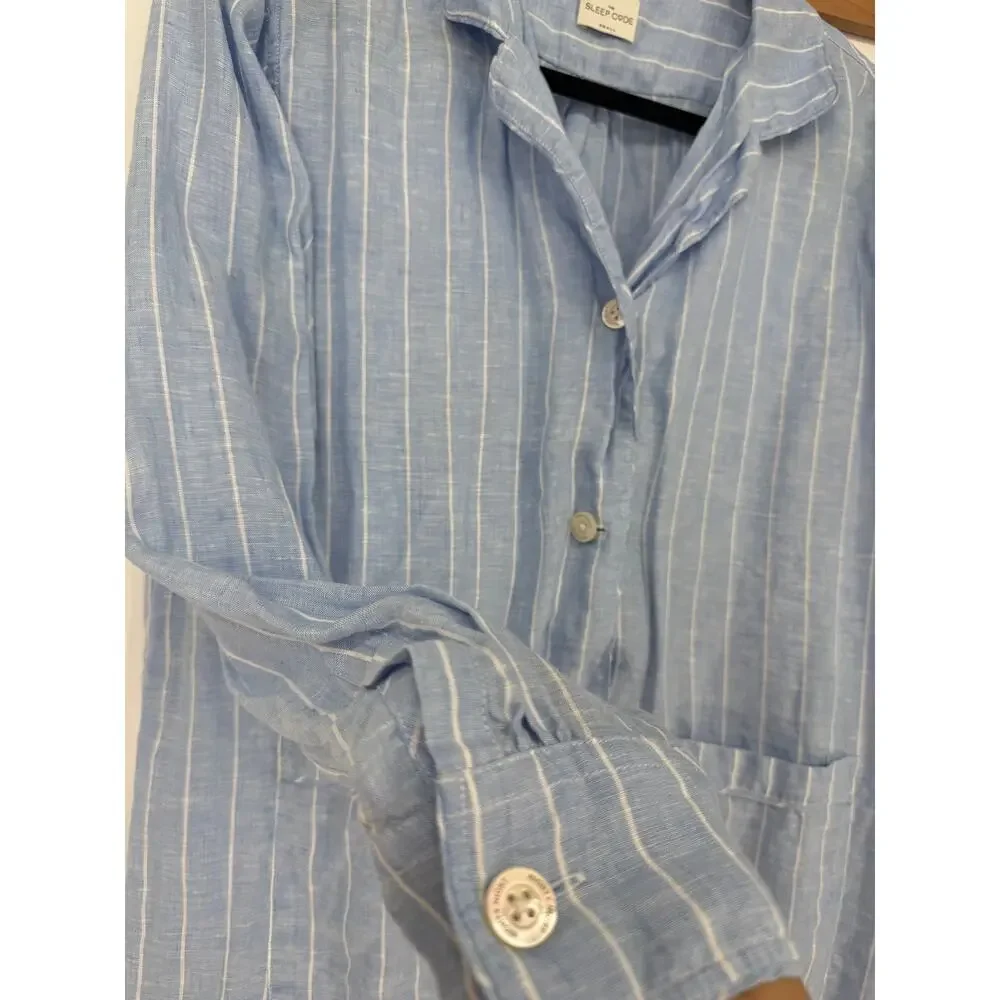 The Sleep Code Pajama Set Striped Linen Long PJ Blue White Size Small S